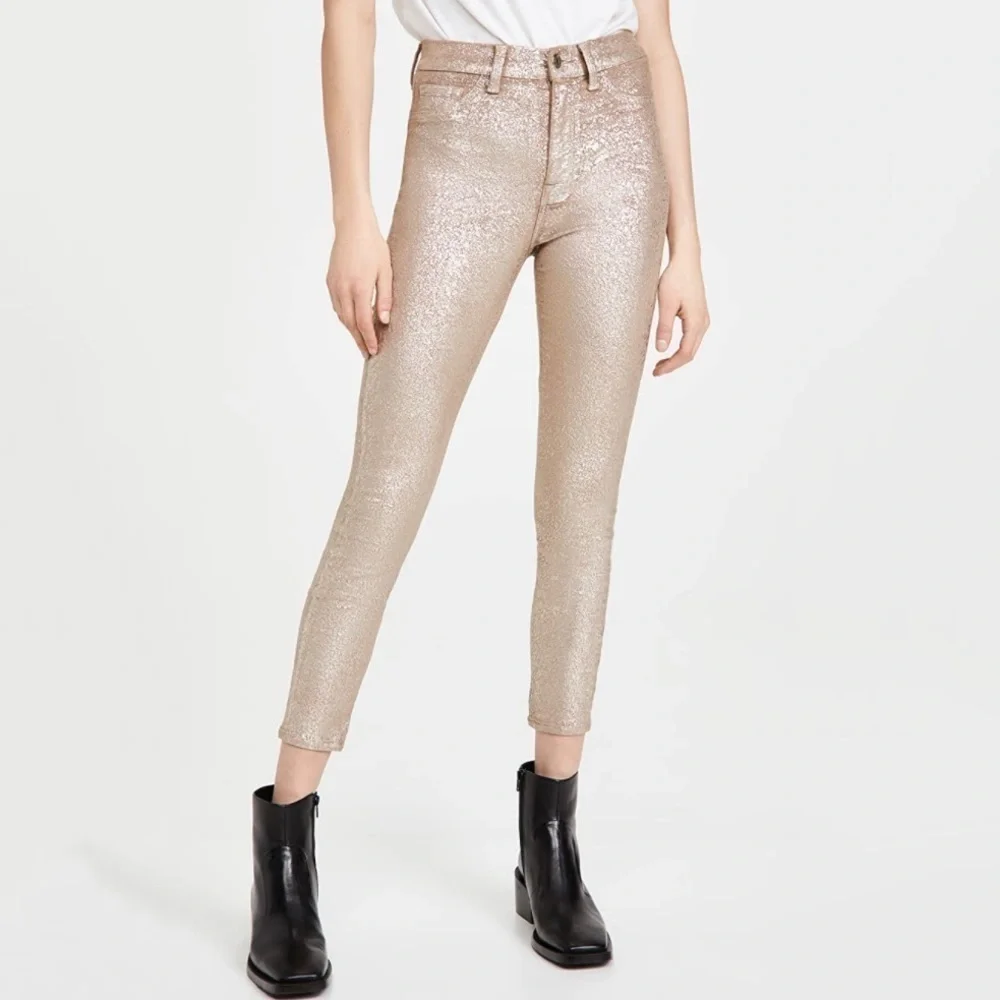 NWT 7 For All Mankind High Waist Skinny Ankle Jean Metallic Velvet Gold